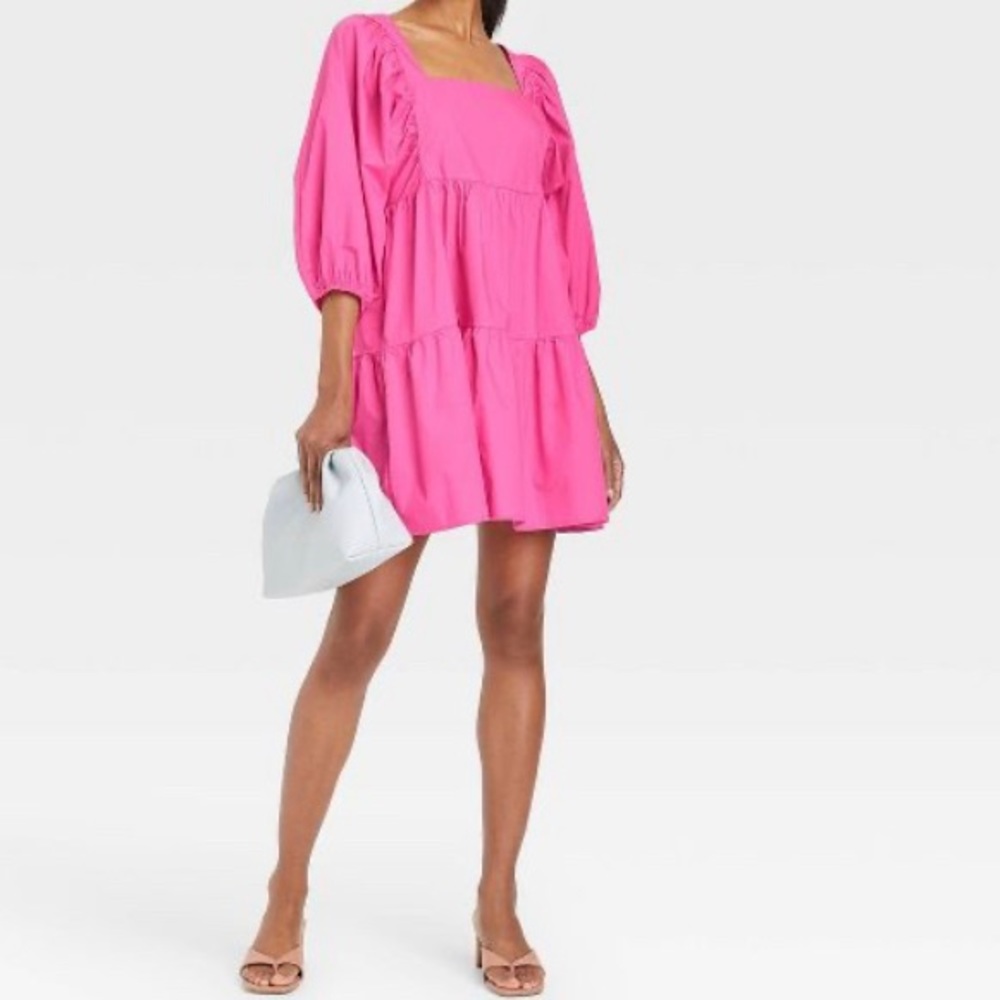 A New Day Bubblegum Pink Square Neck Puff Sleeve Mini Dress / Size Large NWT